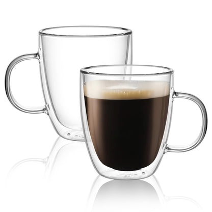 CNGLASS Glass Coffee Mugs 12oz,Double Walled Insulated Cappuccino Mug with Handle,Clear Espresso Cups for Cappuccino,Latte,Tea Bags,Hot and Cold Beverages,Set of 4