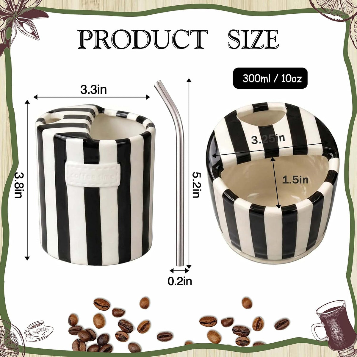 Ceramic Coffee Mugs 10 oz Retro Striped Coffee Mug No Handle with Straw