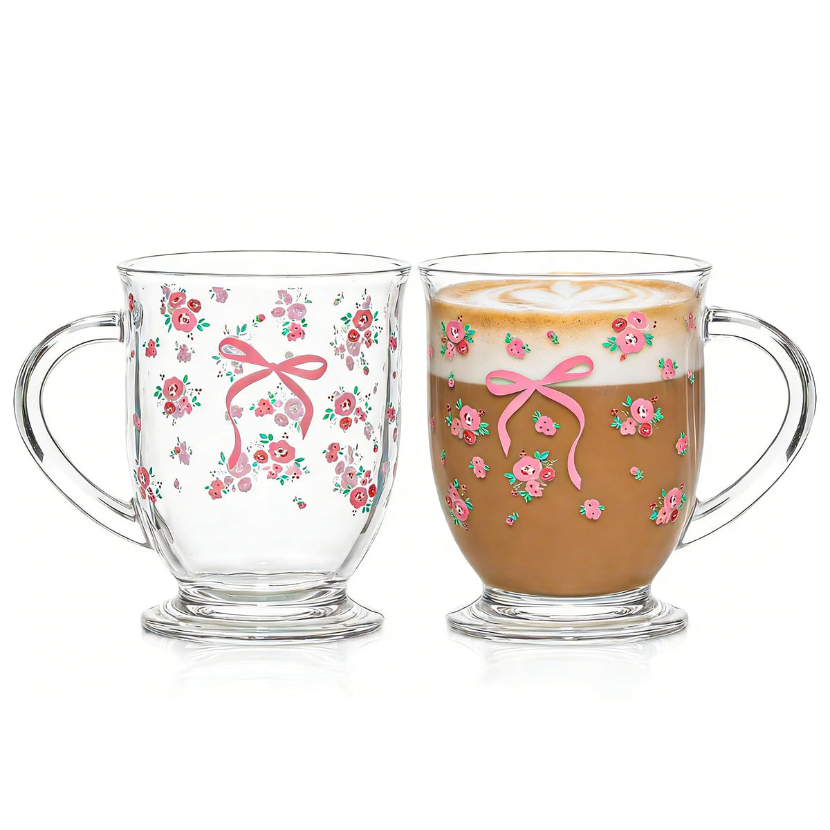 KEMORELA 16oz Ribbed Glass Coffee Mugs Set,Large Glass Mugs with Handle