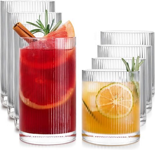Drinking Water Glass Cups Set,Crystal Clear ribbed Glass set of 8,17oz&12oz