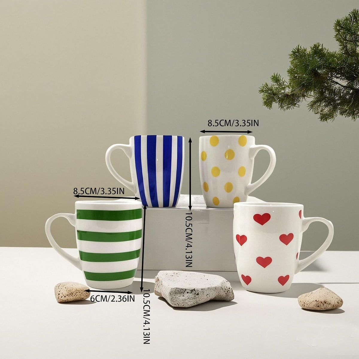Colorful Ceramic Mug Set of 4 Boho Porcelain Mug Set Artistic Coffee Cup Set of 4 with Gift Boxed for Family, Office & Parties,Housewarming Gift