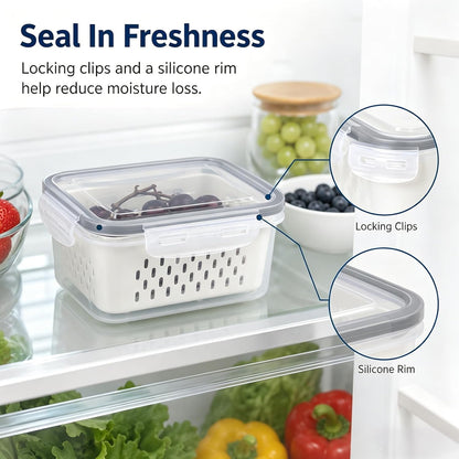2 Pack Fruit Storage Containers for Fridge with Removable Colander, Grey