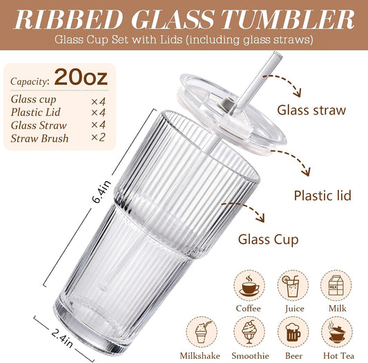 Iced Coffee Cups with Lids,Glass Cups with Lids and Straws,4 Coffee Tumbler