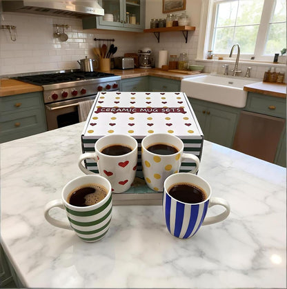 Colorful Ceramic Mug Set of 4 Boho Porcelain Mug Set Artistic Coffee Cup Set of 4 with Gift Boxed for Family, Office & Parties,Housewarming Gift
