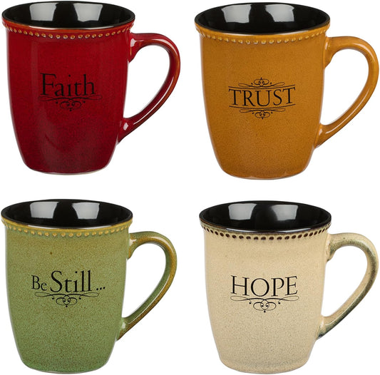 Christian Art Gifts Set of Four Rustic Stoneware Coffee/Tea Mugs w/Bible Verses Sage Green, Ivory, Paprika Red, Pumpkin Orange Inspirational Coffee/Tea Cup for Men and Women
