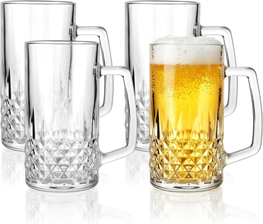 Beer Mugs For Freezer, 20 oz Large Heavy Glass Mugs with Handles Set of 4, Perfect Frozen Beer Mugs for Home Bar Accessories, Gifts for Men