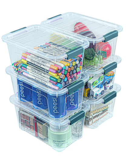 EOENVIVS Plastic Storage Bins with Lids 6 Pack, 6.7 Quart Storage Containers With Black Buckle Latch, Stackable Storage Organizers for Home Pantry Office Classroom Organization, Clear