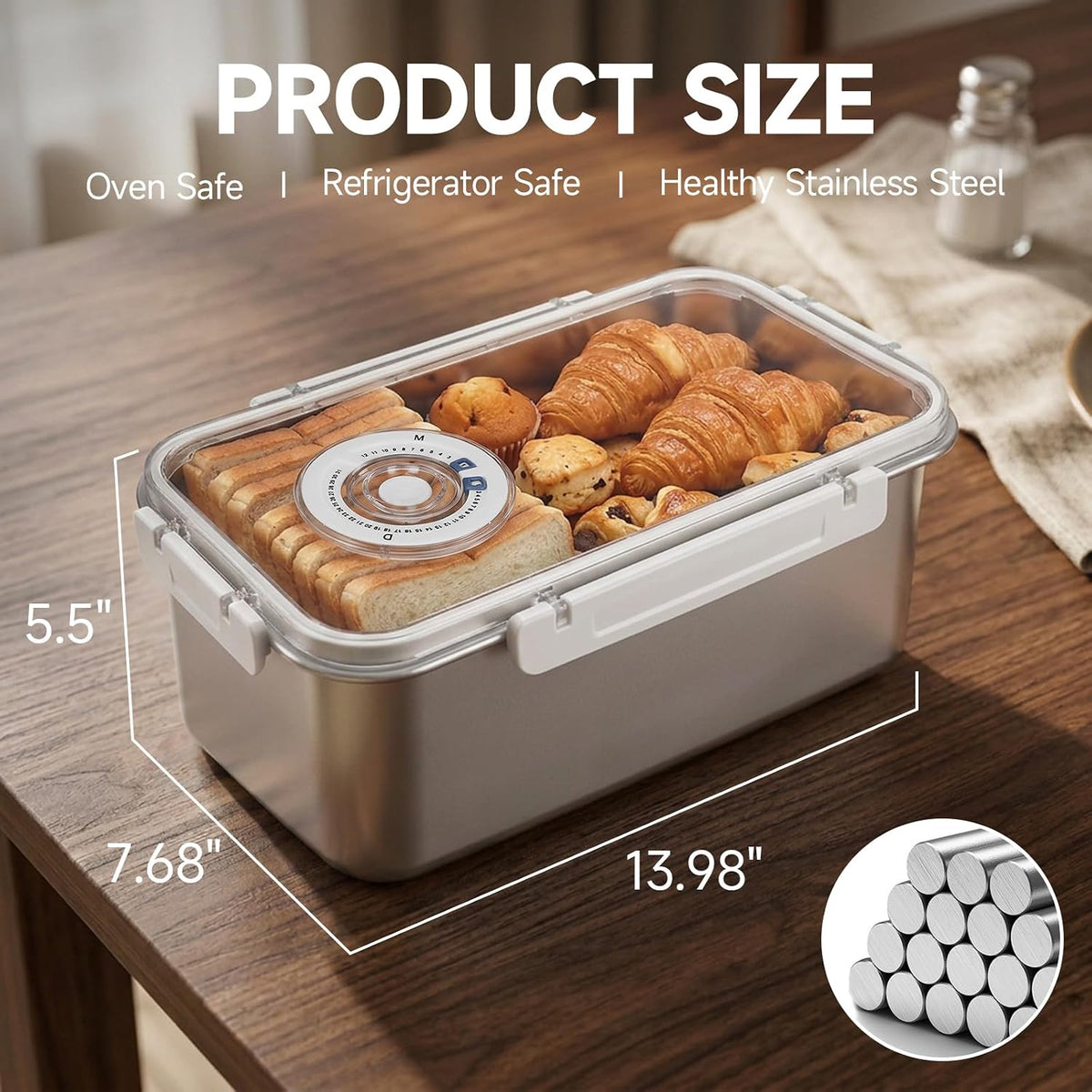 Large Stainless Steel Bread Storage Box with Lid