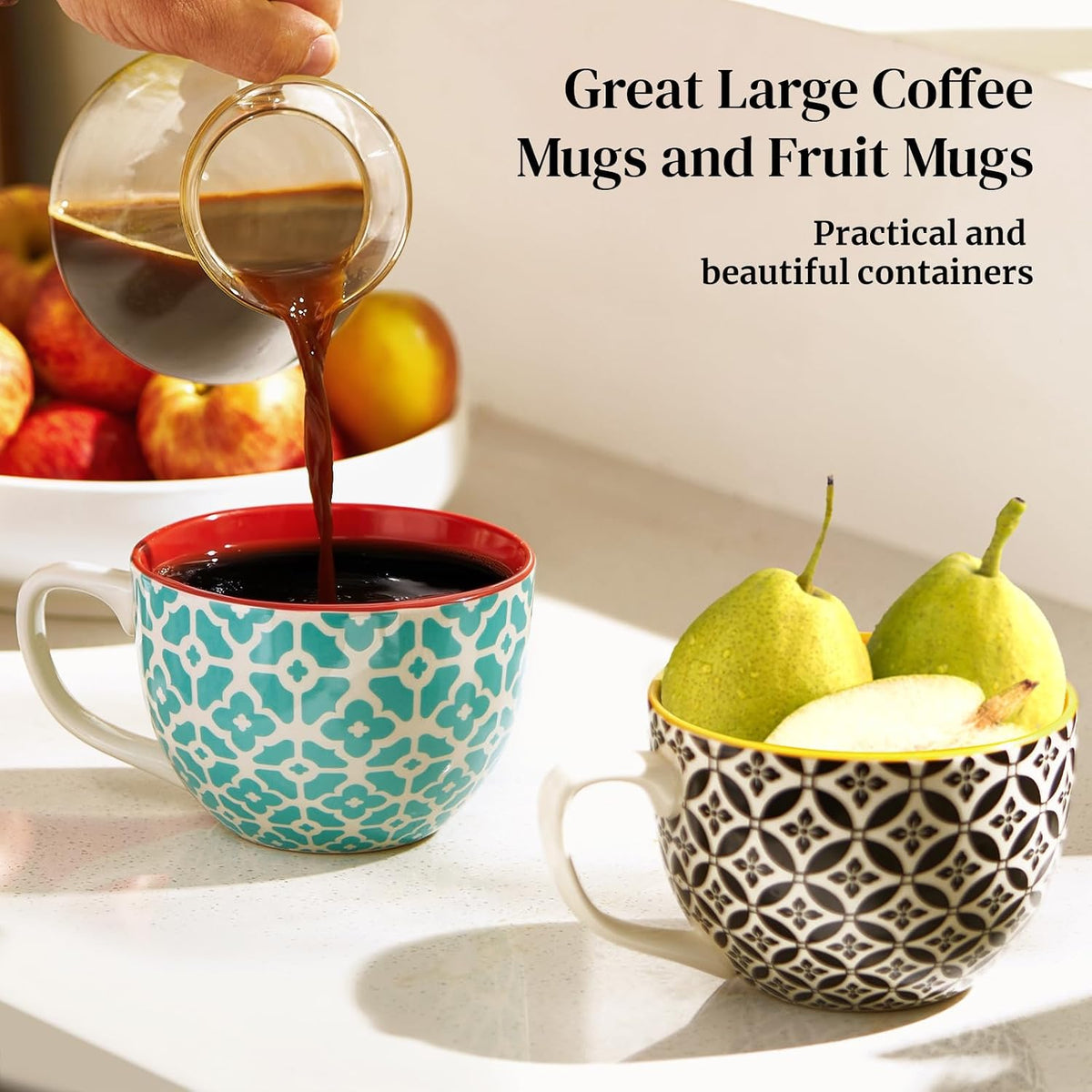 DOWAN 24 OZ Boho Mosaic Soup Mugs with Handle, Large Coffee Mugs Set of 4