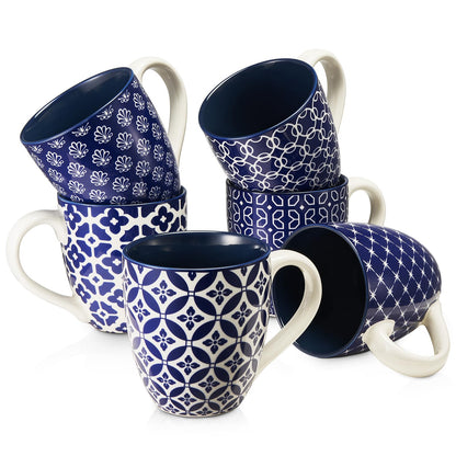 DOWAN 16 OZ Boho-Mosaic Coffee Mugs Set of 6, Large Ceramic Coffee Mugs with Handle, Bohemian Home Decor Gift Set for Housewarming, Wedding & Birthday