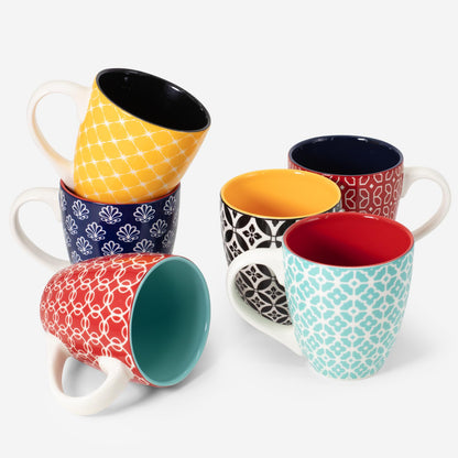 DOWAN 16 OZ Boho-Mosaic Coffee Mugs Set of 6, Large Ceramic Coffee Mugs with Handle, Bohemian Home Decor Gift Set for Housewarming, Wedding & Birthday