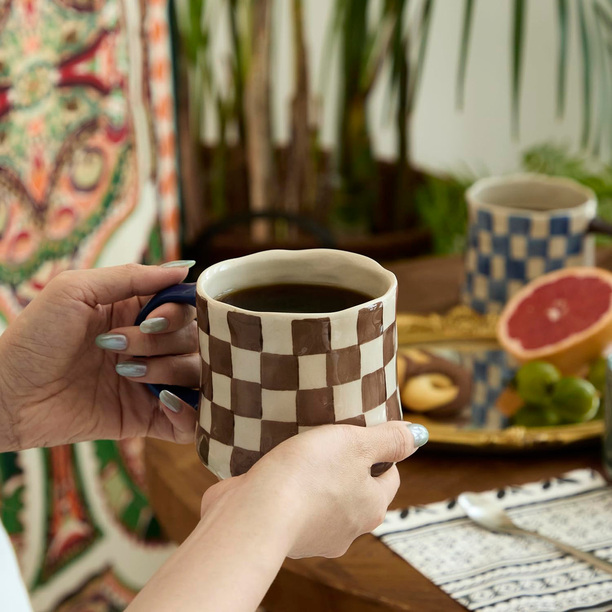 Hand-Painted Ceramic Coffee Mugs Set of 4 – 16oz Large Capacity Artistic Tea Cups with Checkerboard & Striped Patterns, Microwave & Dishwasher Safe for Home, Office, Kitchen (Summer Vibes Collection)