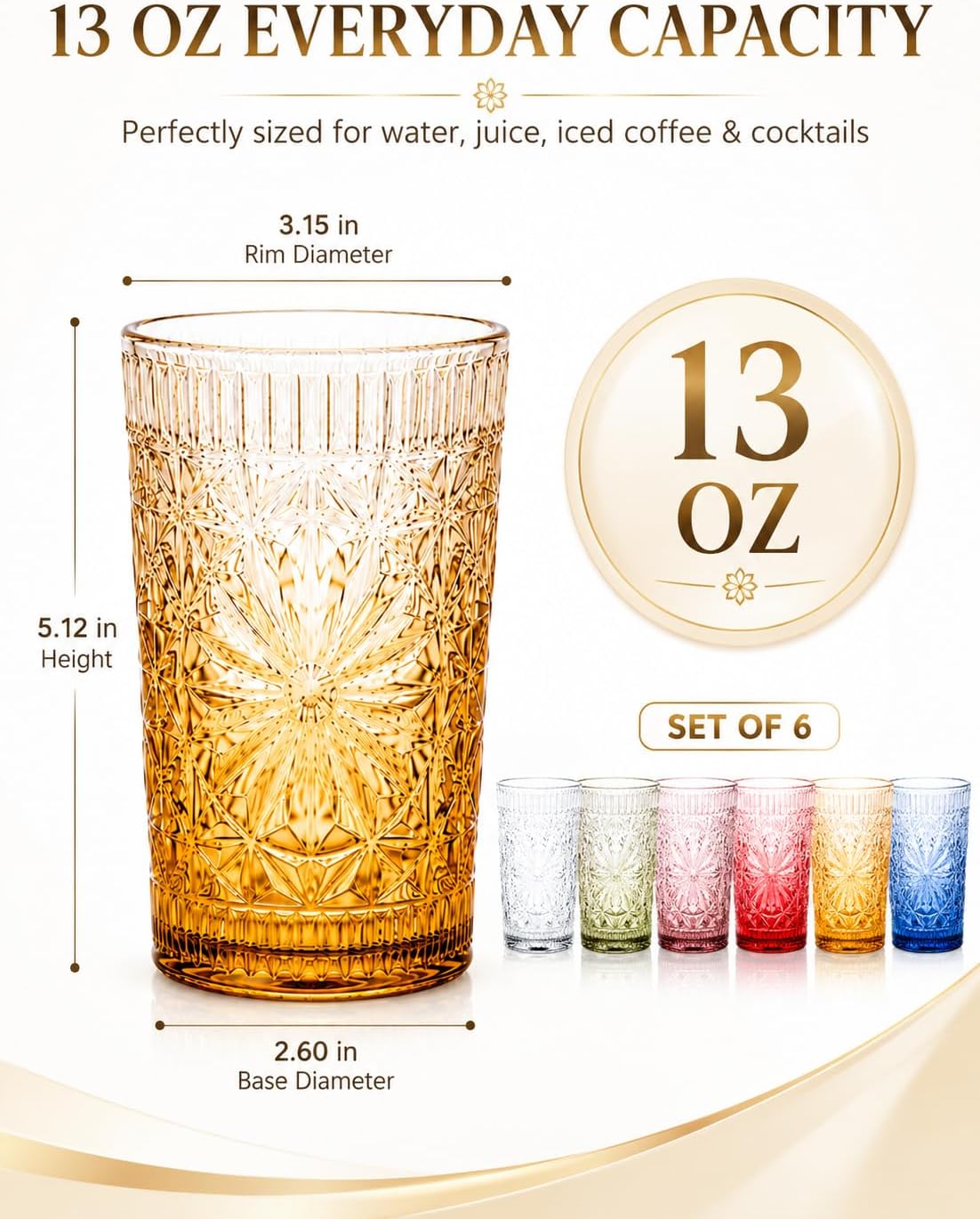 Drinking Glass Set of 6, 13oz Colored Glass Cup Glassware Set