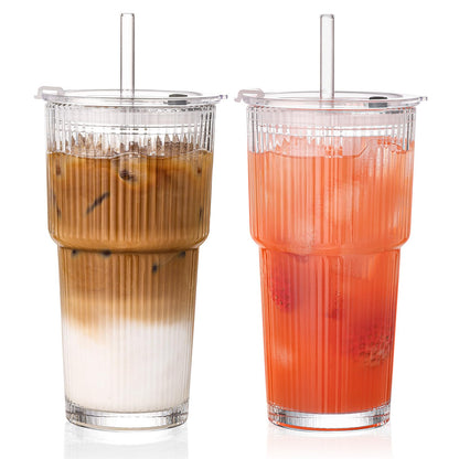 20oz Iced Coffee Cups with Lids, Ribbed Glass Cups with Lids and Straws