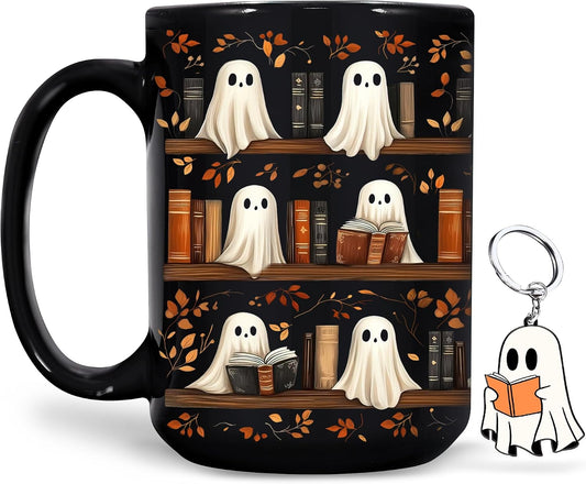 Hyturtle Cute Ghost Read Book Mug - Black Coffee Cup Ceramic Mug 15 Oz And Keychain - Book Gifts For Women Lover - Bookish Gift For Bookworm Librarian - Inspirational Librarian Present For Halloween