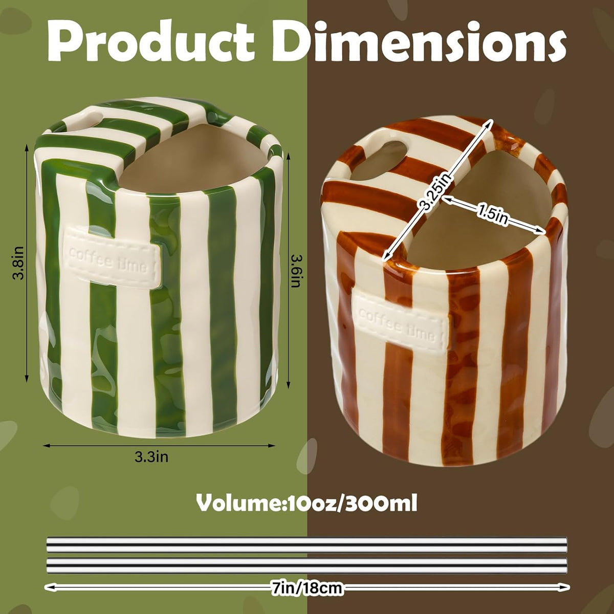 2 Pack Ceramic Coffee Mug with Sip Hole, Simple, Green, Brown