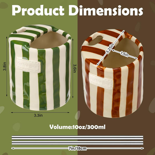 2 Pack Ceramic Coffee Mug with Sip Hole, Simple, Green, Brown