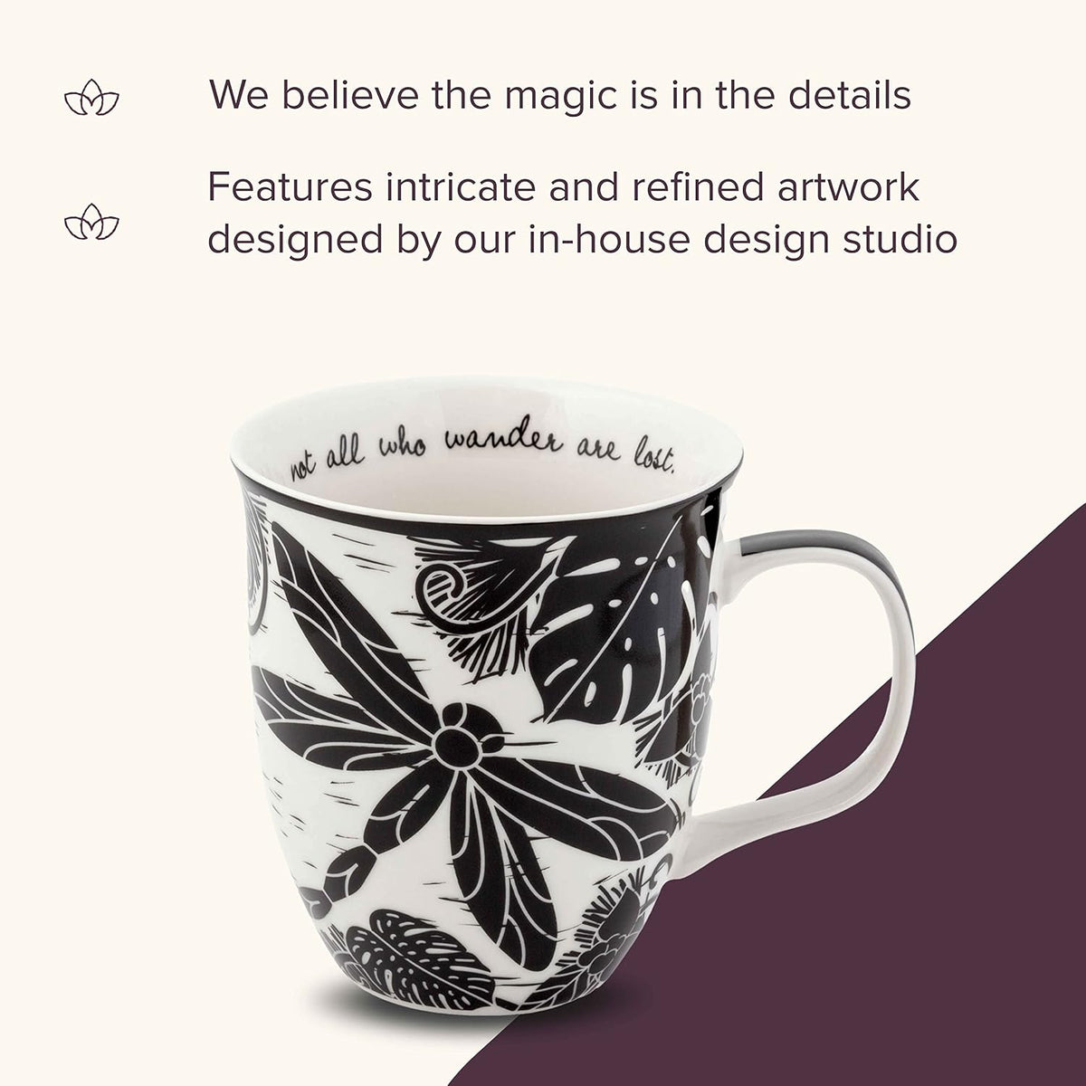 Karma Gifts, 14 oz Black and White Boho Mug, Cute Coffee and Tea Mug, Ceramic Coffee Mugs for Women and Men, Dragonfly