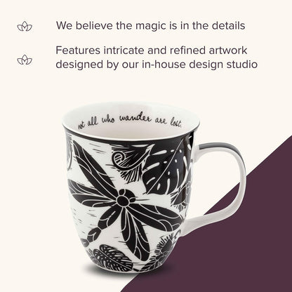 Karma Gifts, 14 oz Black and White Boho Mug, Cute Coffee and Tea Mug, Ceramic Coffee Mugs for Women and Men, Dragonfly