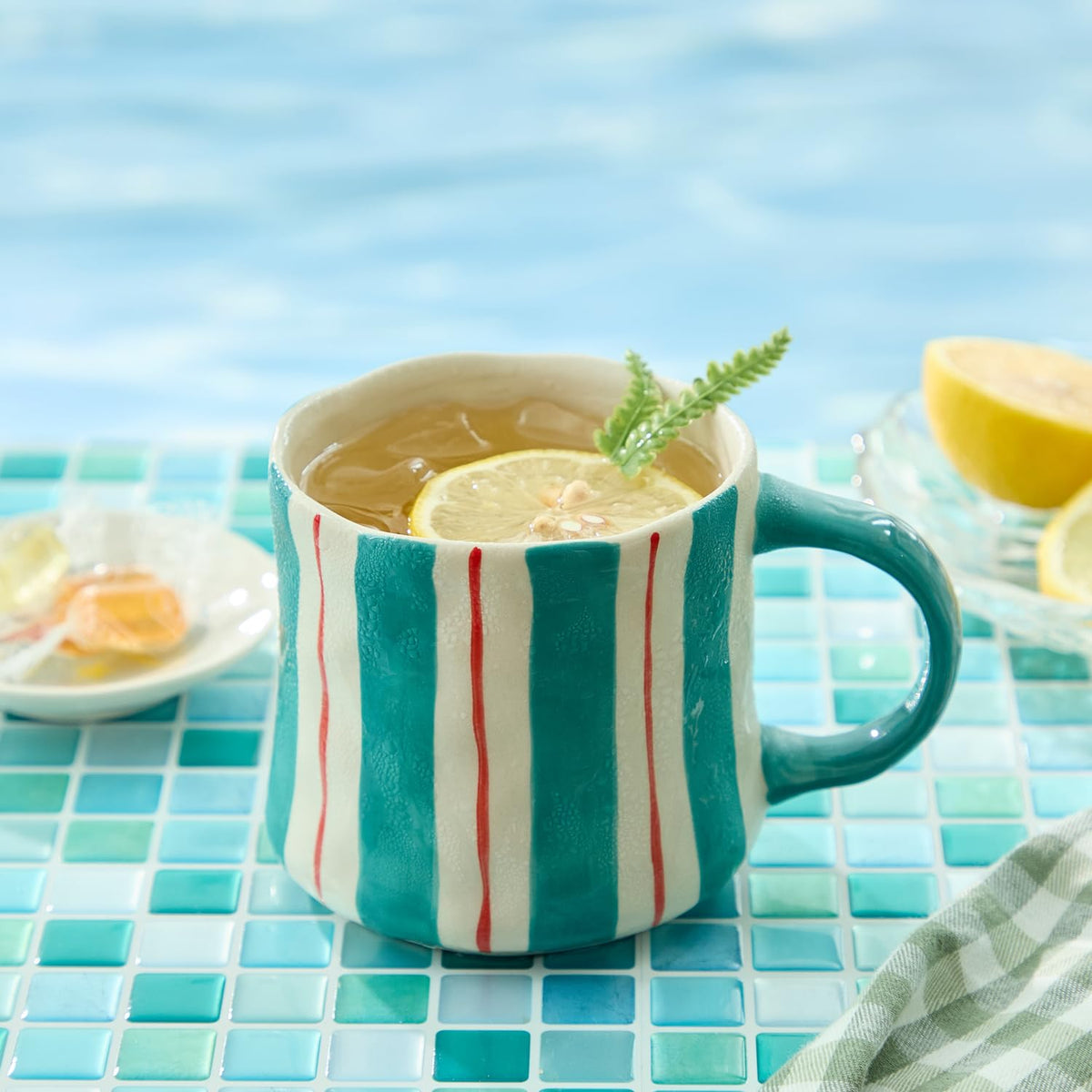 Hand-Painted Ceramic Coffee Mugs Set of 4 – 16oz Large Capacity Artistic Tea Cups with Checkerboard & Striped Patterns, Microwave & Dishwasher Safe for Home, Office, Kitchen (Summer Vibes Collection)