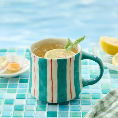 Hand-Painted Ceramic Coffee Mugs Set of 4 – 16oz Large Capacity Artistic Tea Cups with Checkerboard & Striped Patterns, Microwave & Dishwasher Safe for Home, Office, Kitchen (Summer Vibes Collection)