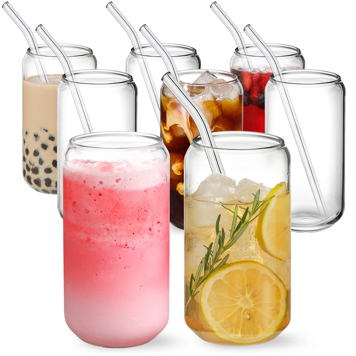 NETANY [ 8pcs Set ] Drinking Glasses with Glass Straw - 16oz Glass Cups, Beer Glasses, Iced Coffee Glasses, Cute Tumbler Cup, Ideal for Whiskey, Soda, Tea, Water, Gift - 2 Cleaning Brushes