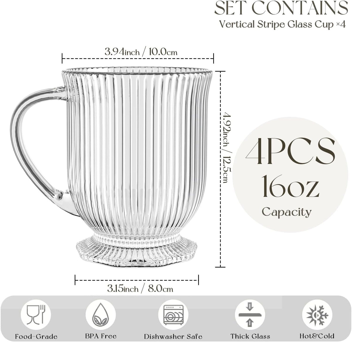 KEMORELA 16oz Ribbed Glass Coffee Mugs Set,Large Glass Mugs with Handle
