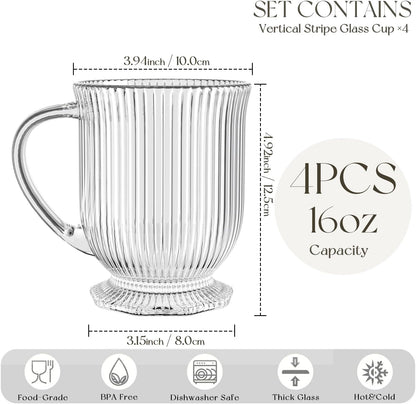 KEMORELA 16oz Ribbed Glass Coffee Mugs Set,Large Glass Mugs with Handle