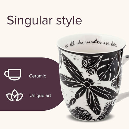 Karma Gifts, 14 oz Black and White Boho Mug, Cute Coffee and Tea Mug, Ceramic Coffee Mugs for Women and Men, Dragonfly