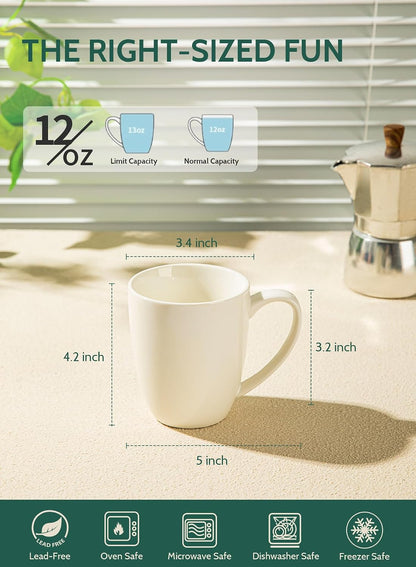 Sweese Porcelain White Coffee Mugs - 12 Ounce - Set of 6, Coffee Cups for Latte, Hot Tea, Cappuccino, Mocha, Cocoa, Festival Gift, Microwave Safe ﻿