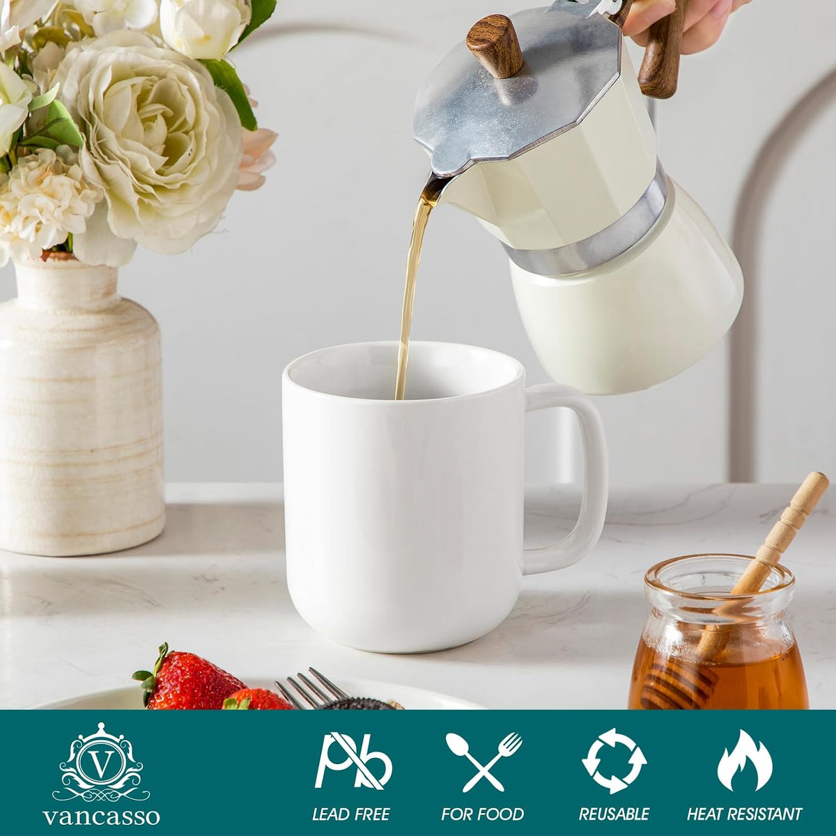 vancasso Porcelain Coffee Mugs Set, 16 oz Ceramic Coffee Cups for Americano Hot Tea Iced Coffee Cold Brew Cocoa Milk Mugs Set of 6, Dishwasher & Microwave Safe, White