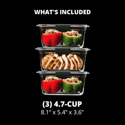 Rubbermaid Brilliance Glass Storage 4.7-Cup Food Containers with Lids Set of 3 Clear