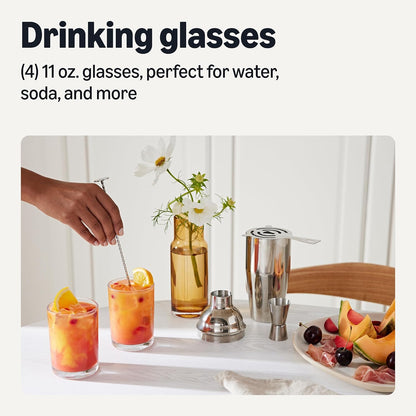 Amazon Basics Drinking Glasses, 11 oz., Sturdy Glass, Rounded for Comfortable Hold, Dishwasher-Safe, Round Shape, 4-Piece Set