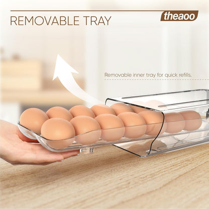 theaoo Egg Holder for Fridge, Automatic Rolling Egg Container, Clear, 2Pack