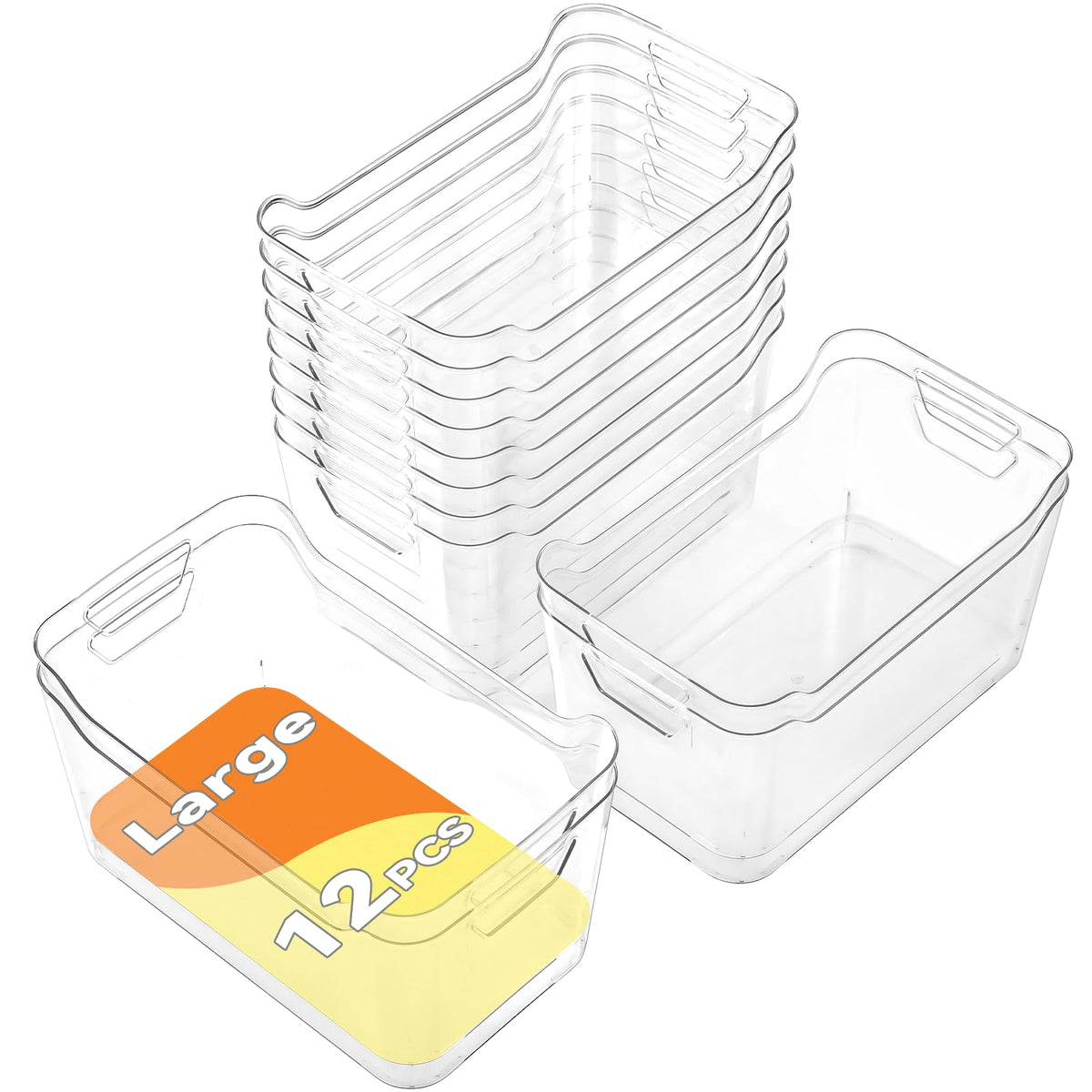 12 Pack Clear Plastic Storage Bins, Pantry Organizers and Storage, Clear Pantry Organizer Bins, Plastic Containers with Handle for Kitchen,Freezer,Cabinet,Closet,Bathroom Under Sink Storage