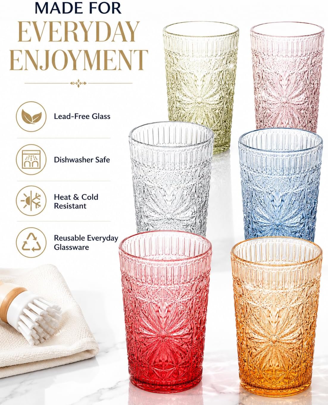 Drinking Glass Set of 6, 13oz Colored Glass Cup Glassware Set