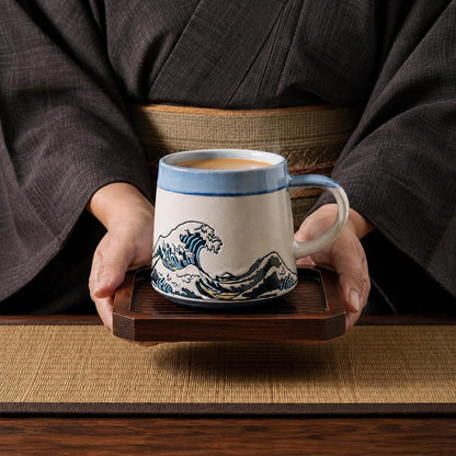 BICETTO Japanese Coffee Mug, Ukiyo-e Great Wave, Handmade 15oz Ceramic Cup