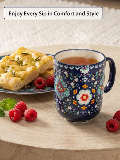 HENXFEN LEAD 14 oz Boho Ceramic Coffee Mug & Tea Cup - Midnight Blue