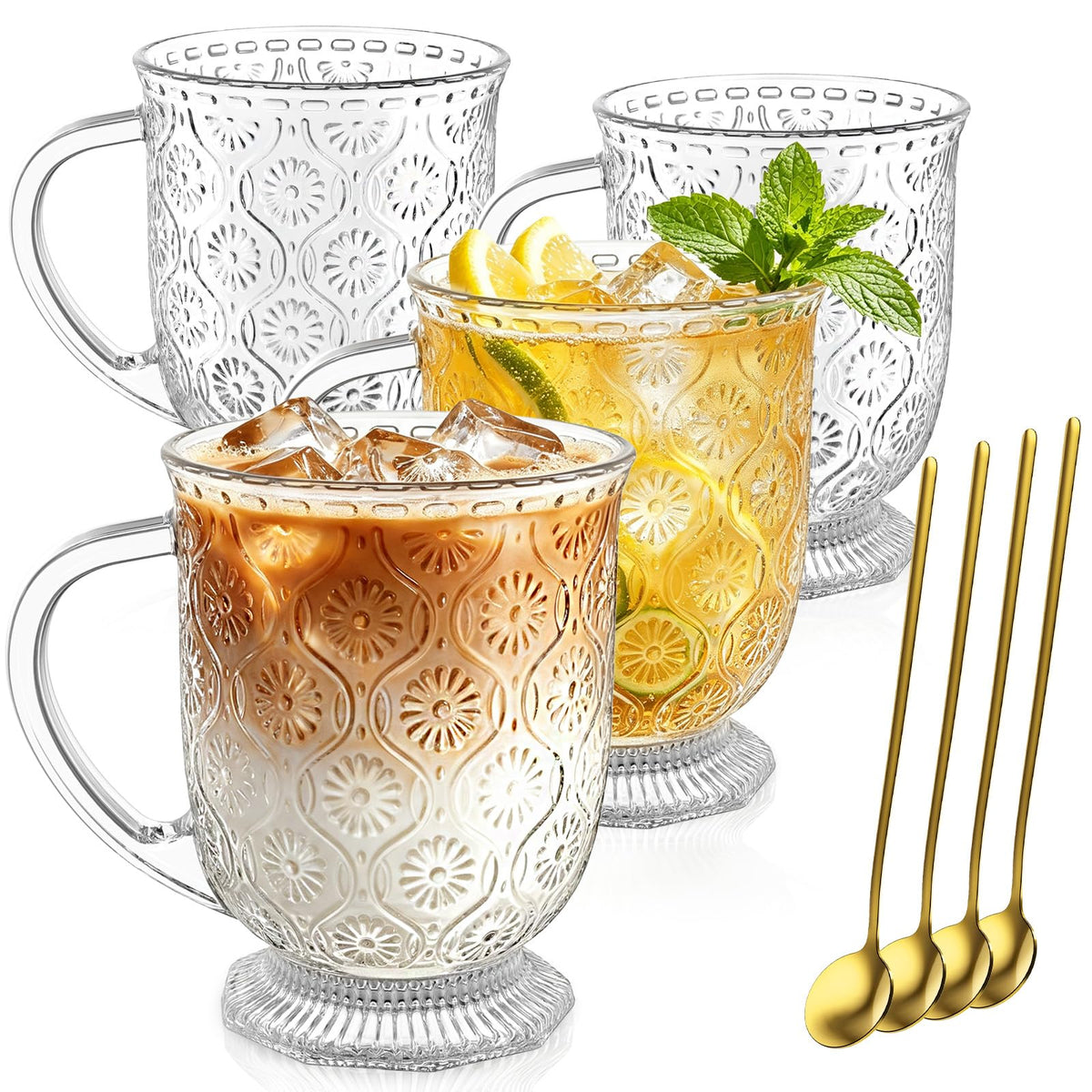 KEMORELA 16oz Ribbed Glass Coffee Mugs Set,Large Glass Mugs with Handle