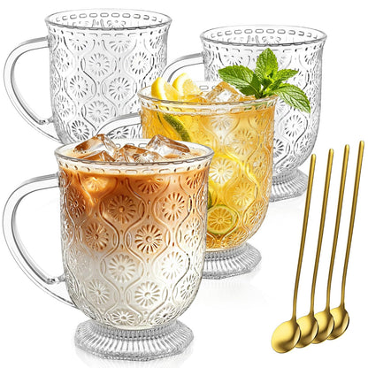KEMORELA 16oz Ribbed Glass Coffee Mugs Set,Large Glass Mugs with Handle