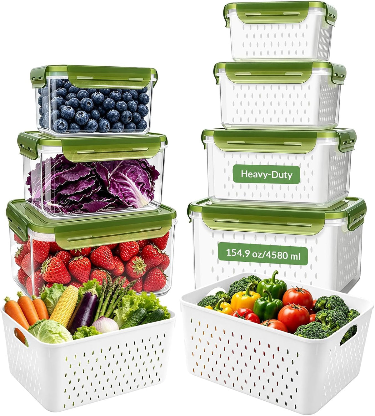 4 Pack Heavy-Duty Fruit Containers for Fridge,Food Storage Containers,Green