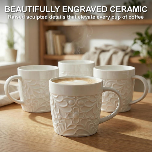 16 Oz Ceramic Coffee Mugs Set of 4, Rustic Embossed Nature Design, White