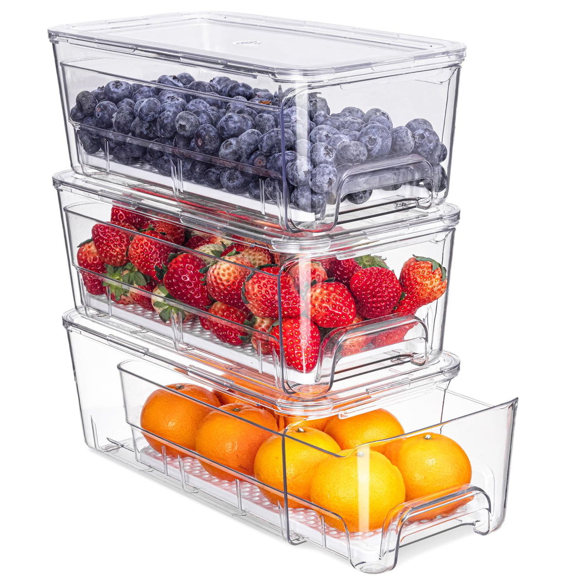 Fridge Organizer, Clear Stackable Storage Bins with Drawers, 3 Pack