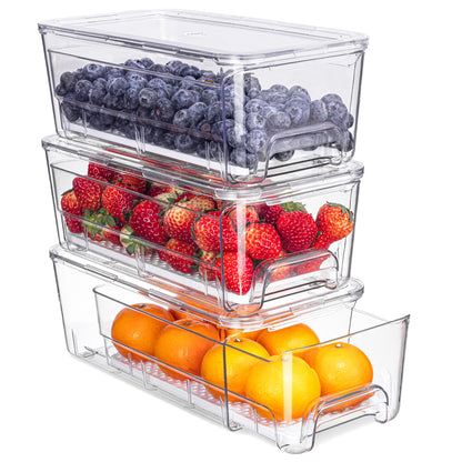 Fridge Organizer, Clear Stackable Storage Bins with Drawers, 3 Pack