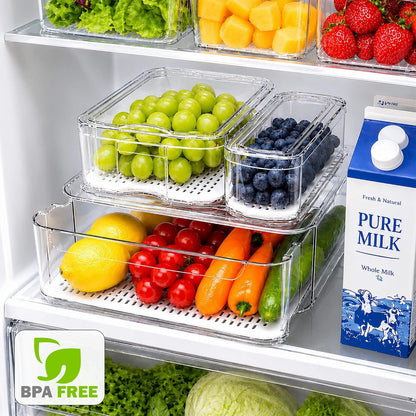 SMRCAD Clear Fridge Bins with Drain Trays - BPA-Free PET, Stackable(6 Pack)