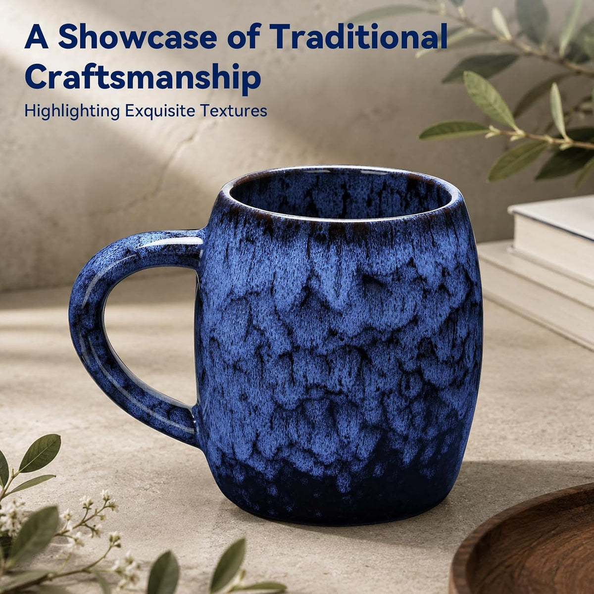 21oz Unique Handmade Ceramic Coffee Mug - Kiln Change Artisan Pottery, Large Handle, Microwave & Dishwasher Safe, Lead-Free Thick Stoneware, Gift for Office, Men & Women (Deep Blue)