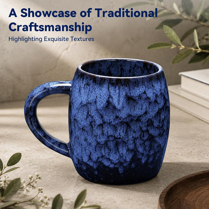 21oz Unique Handmade Ceramic Coffee Mug - Kiln Change Artisan Pottery, Large Handle, Microwave & Dishwasher Safe, Lead-Free Thick Stoneware, Gift for Office, Men & Women (Deep Blue)