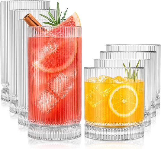 KEMORELA Ribbed Glassware Set of 8—4 Large Capacity Highball Glasses 16oz, 4 Rocks Glass Cups 13oz, Cocktail Glasses, Drinking Glasses Ideal for Beer, Juice, Ice Coffee Cup, Whiskey, Mixed Drinkware