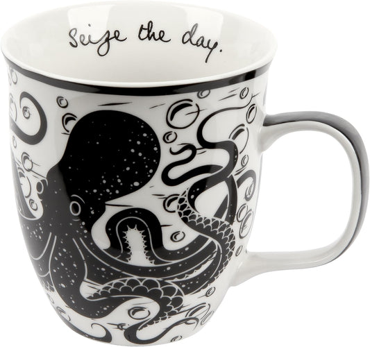 Karma Gifts, 14 oz Black and White Boho Mug, Cute Coffee and Tea Mug, Ceramic Coffee Mugs for Women and Men, Octopus