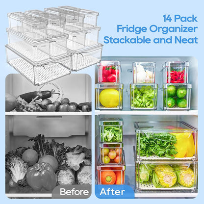 JollyPack Fridge Organizers, Refrigerator Organizer Bins with Lids, 14 Pack